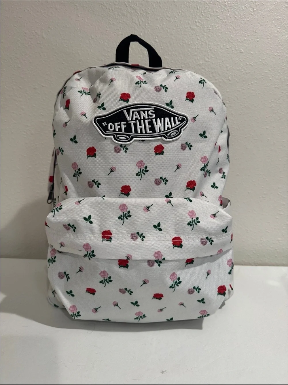 Vans White Floral Backpack with Red and Pink Roses